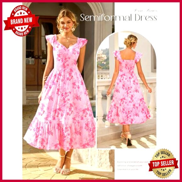 Floral Maxi Dress Ruffle Sleeve Smocked Sundress Flowy Wedding Guest Long - Picture 5 of 7